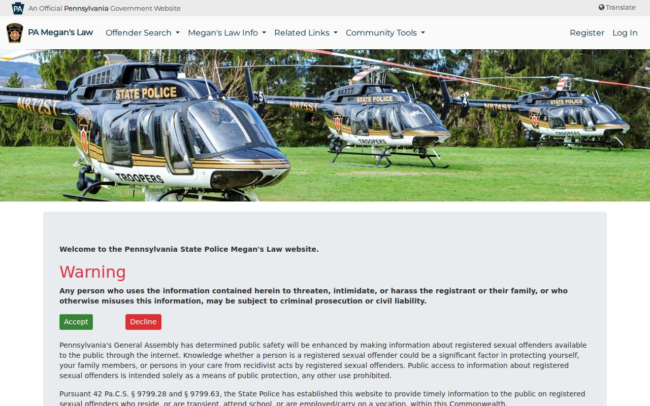 Tredyffrin Township resident lookup showing Pennsylvania Megan's Law public-safety registry terms