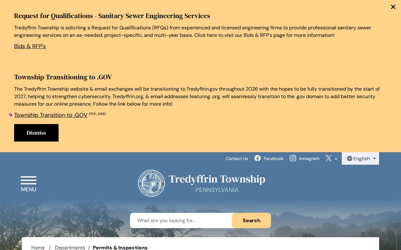 Tredyffrin Township street directory permits and inspections page